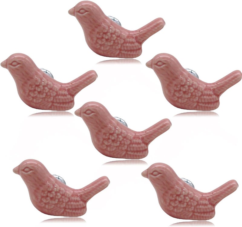 Tecrio 6pcs-Pack Vintage Ceramic Drawer Knobs and Pulls, Birds Art Decor Cupboard Dresser Cabinet Knobs and Handles for Kids-Room Bathroom Kitchen-Room Door Closet w/Screws Pink - Image 1